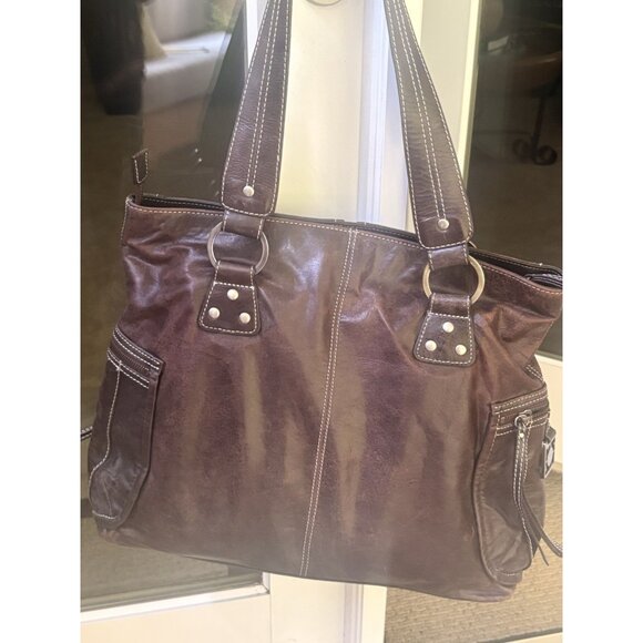 Kenneth Cole Reaction Large Brown Leather Distressed Shoulder Bag Many Zippers - Picture 3 of 12